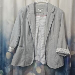 Dressbarn Gray and White Pinstriped Blazer w/ Adorable Black Polka Dots Lining